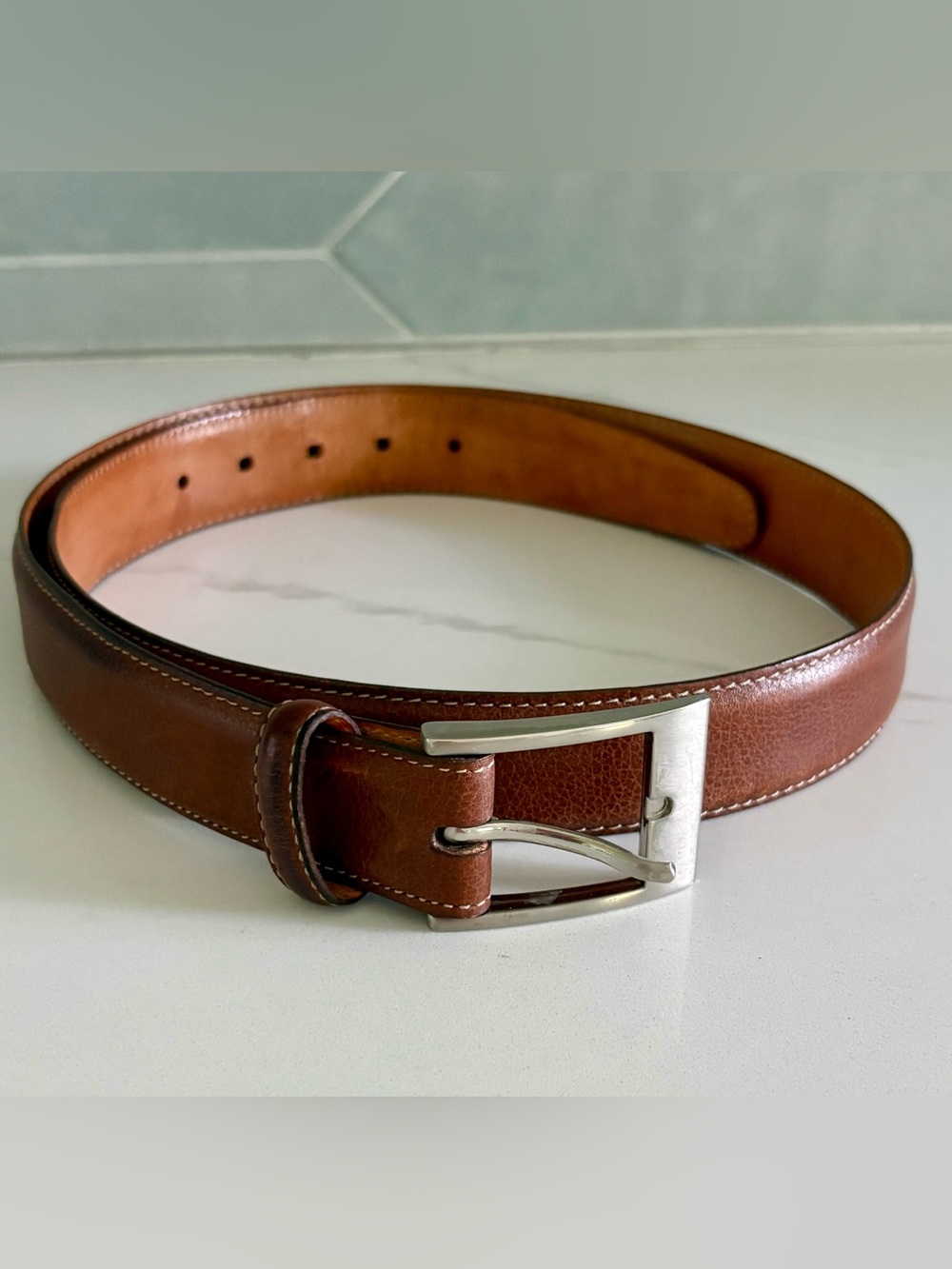 Martin Dingman Men's Cognac Leather Dress Belt Size 36 Brown Contrast Stitching